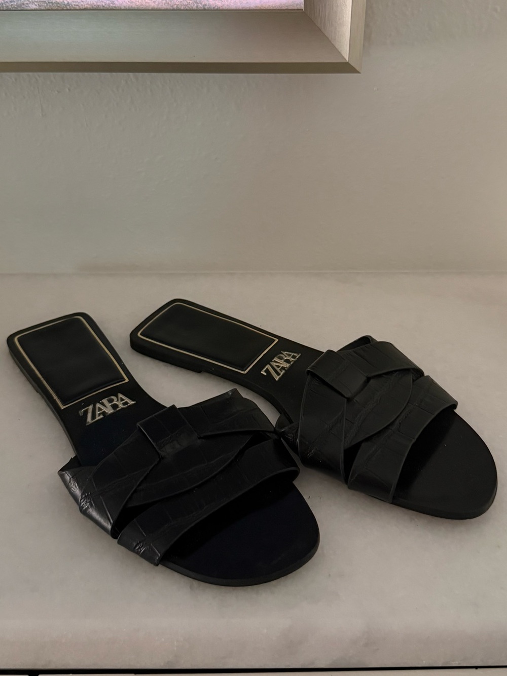 ZARA Black Braided Leather Slide Mules